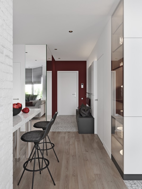 Квартира, оформленная в серых тонах с бордовыми акцентами