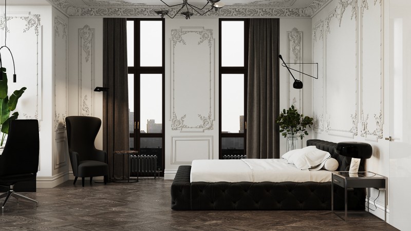 Контрастное сочетание лепнины на стенах с ультрасовременной мебелью и аксессуарами Контрастное сочетание лепнины на стенах с ультрасовременной мебелью и аксессуарами