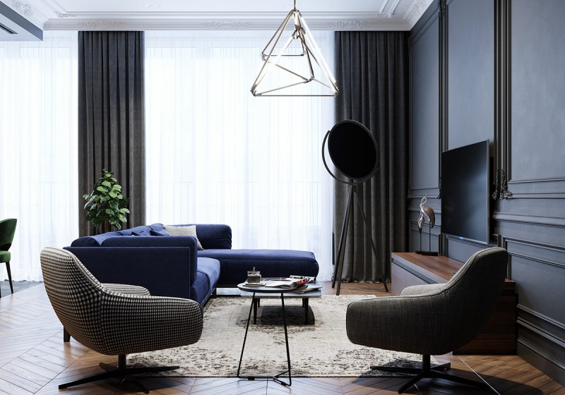 Неоклассический интерьер с акцентами кобальтового и изумрудного цветов