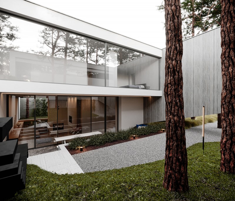 Строгий дизайн дома, расположенного на земле со сложным рельефом