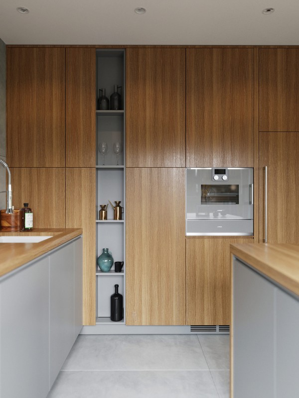 Акцент на зеленый и глубокий синий в интерьере квартиры, оформленной в спокойных серых тонах