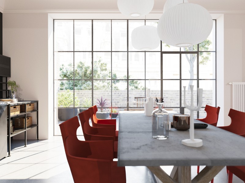 Интерьер просторной светлой квартиры с яркими акцентами