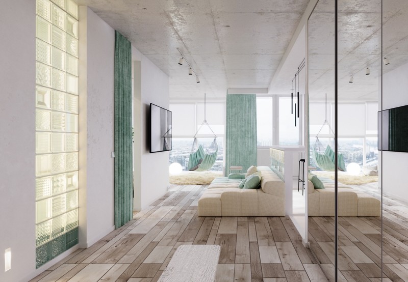 Компактная студия в мятно-бирюзовых тонах