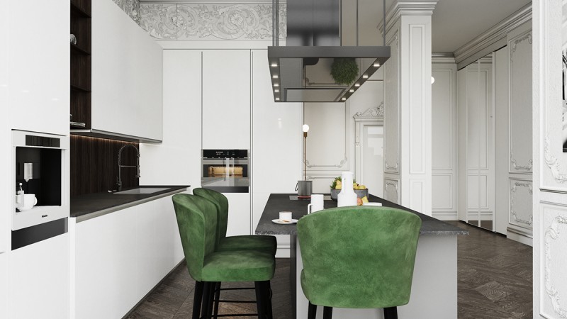 Контрастное сочетание лепнины на стенах с ультрасовременной мебелью и аксессуарами Контрастное сочетание лепнины на стенах с ультрасовременной мебелью и аксессуарами