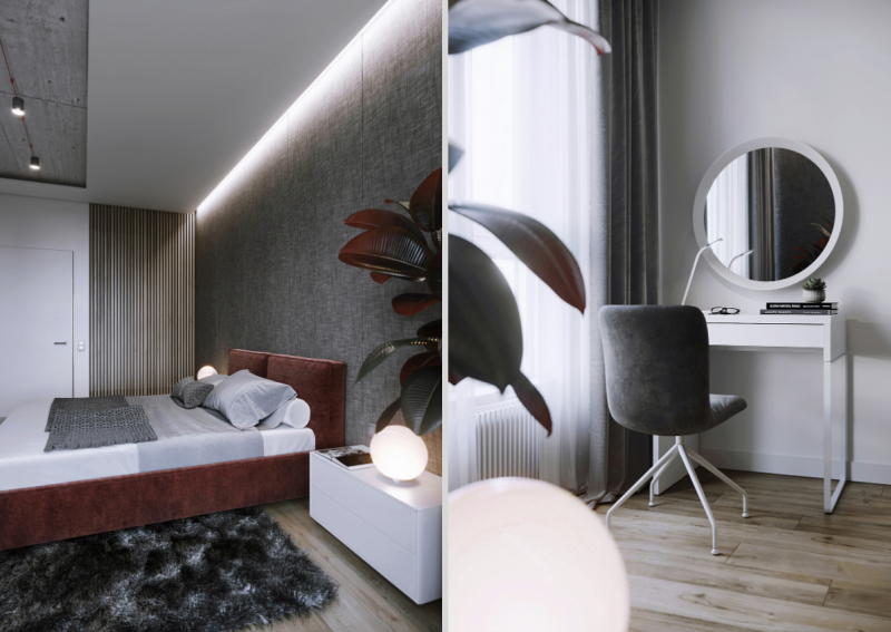 Зелень и гранат: проект квартиры для молодой пары