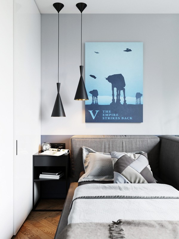 Акцент на зеленый и глубокий синий в интерьере квартиры, оформленной в спокойных серых тонах