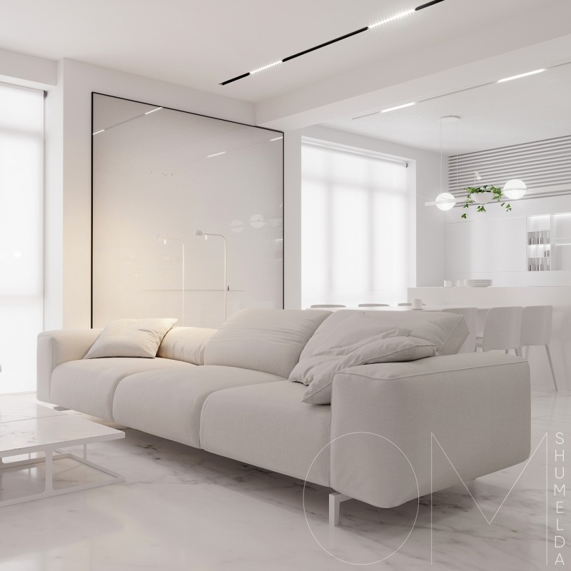 Белоснежный интерьер просторных двухуровневых апартаментов