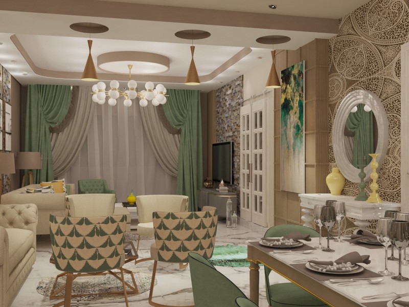 Дизайн гостиной в бежево-зеленых оттенках