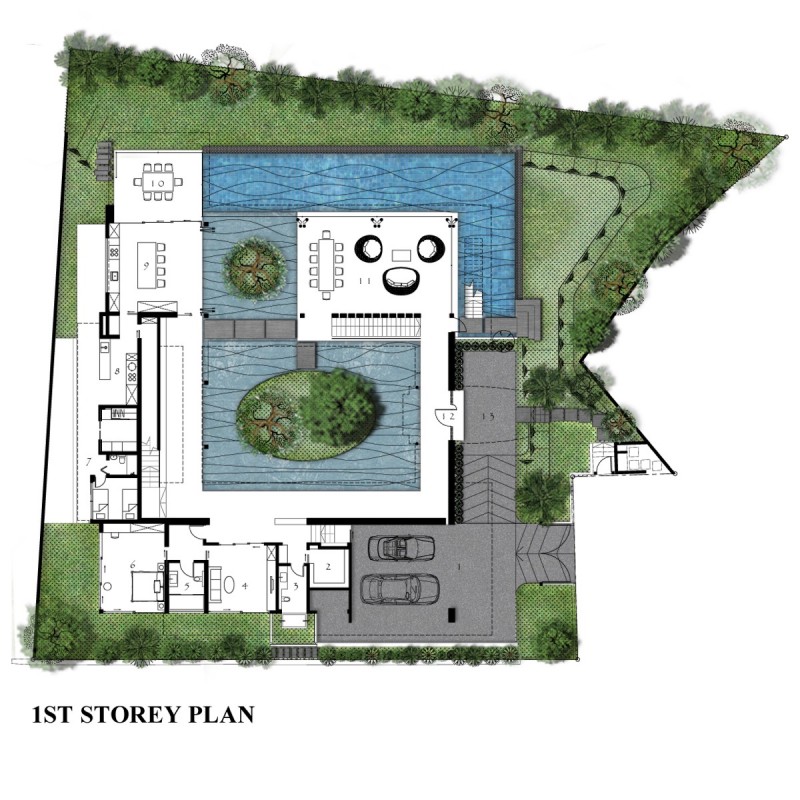 Экстерьер дома в Сингапуре с садом на крыше и прудом