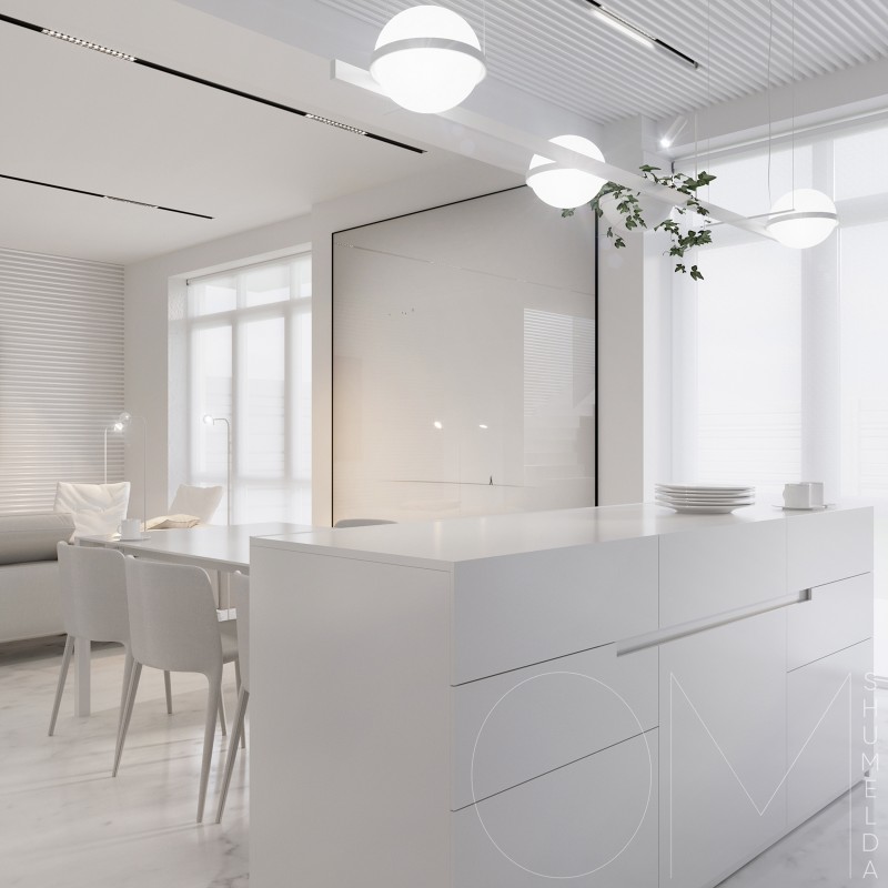 Белоснежный интерьер просторных двухуровневых апартаментов