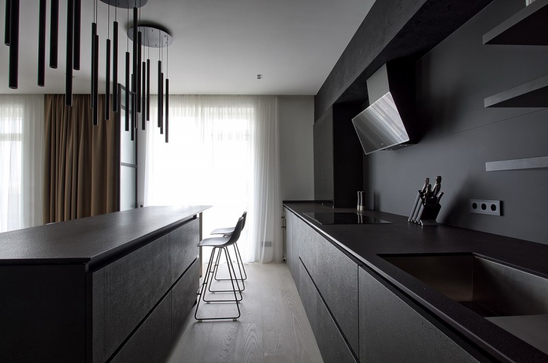 Декоративный черный цемент в интерьере кухни