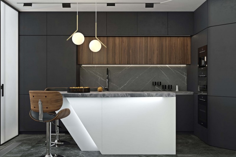 Использование черного, белого и цвета дерева в интерьере просторных минималистских апартаментов