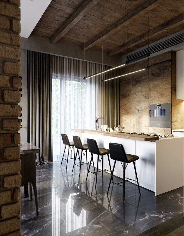 Удачное сочетание мрамора, камня и дерева