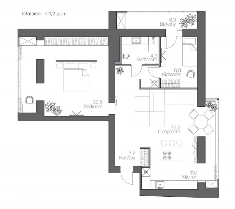 Контрастный интерьер просторных апартаментов Контрастный интерьер просторных апартаментов