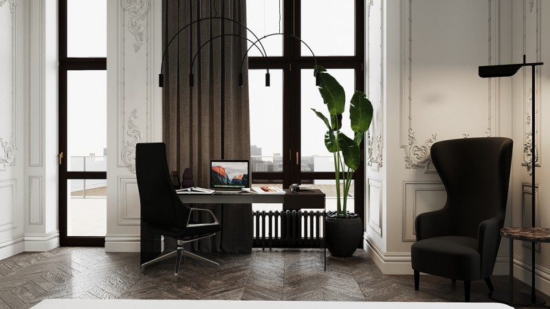 Контрастное сочетание лепнины на стенах с ультрасовременной мебелью и аксессуарами Контрастное сочетание лепнины на стенах с ультрасовременной мебелью и аксессуарами