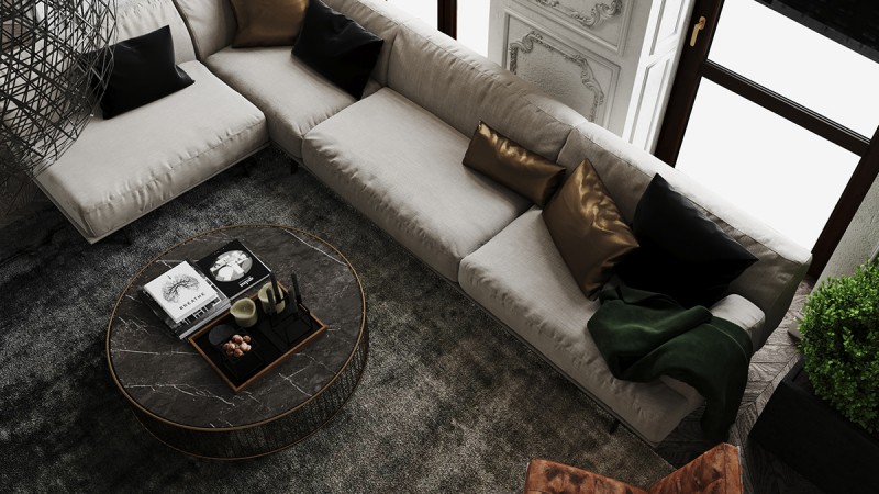 Контрастное сочетание лепнины на стенах с ультрасовременной мебелью и аксессуарами Контрастное сочетание лепнины на стенах с ультрасовременной мебелью и аксессуарами