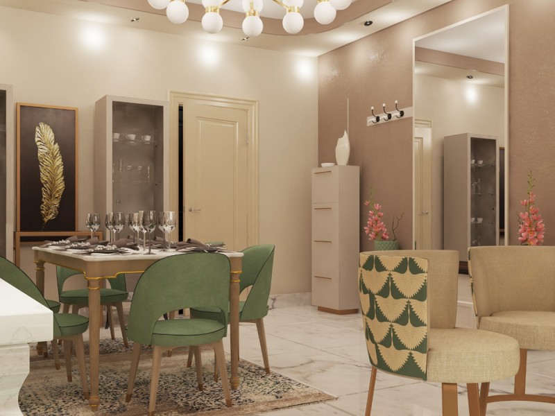 Дизайн гостиной в бежево-зеленых оттенках