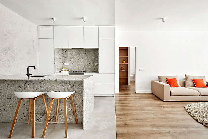 Белый и серый цвета, гранит и дерево в интерьере апартаментов в Барселоне