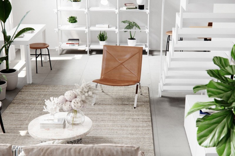 Ледяной белый фон и яркая зелень в интерьере двухуровневой квартиры