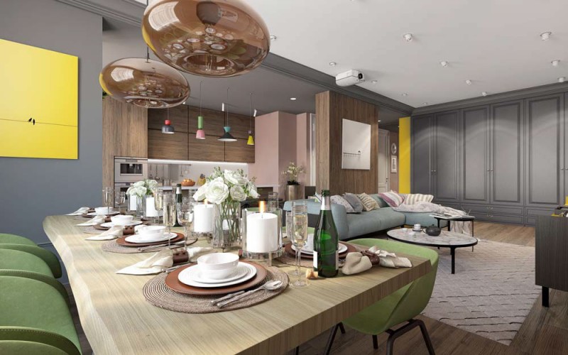 Нейтральный фон в сочетании с яркой цветовой гаммой