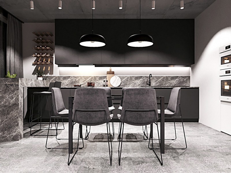 Кухня-студия в ахроматичных тонах