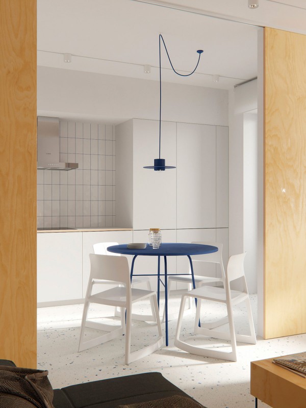 Красный, белый и синий цвета создают эффектную комбинацию в квартире площадью 36 кв. м.