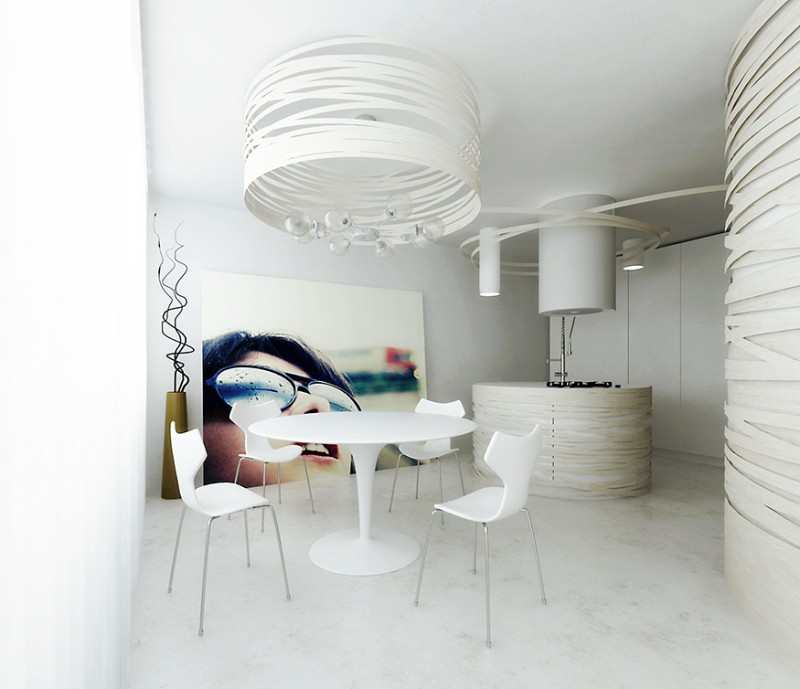 Дизайн квартиры, сформированный на основе круглых функциональных элементов и открытого пространства Дизайн квартиры, сформированный на основе круглых функциональных элементов и открытого пространства