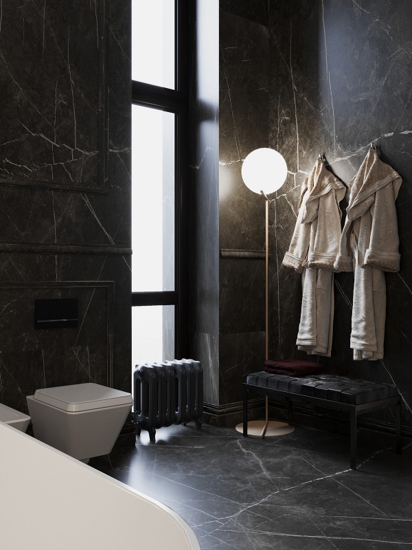 Контрастное сочетание лепнины на стенах с ультрасовременной мебелью и аксессуарами Контрастное сочетание лепнины на стенах с ультрасовременной мебелью и аксессуарами