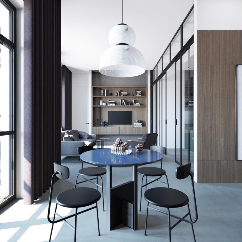 Апартаменты с открытой планировкой, оформленные в приглушенных тонах