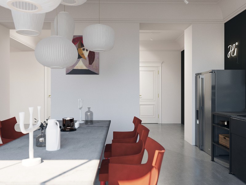 Интерьер просторной светлой квартиры с яркими акцентами