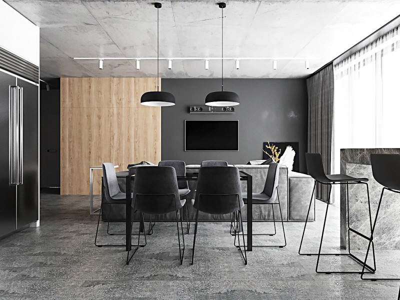 Кухня-студия в ахроматичных тонах