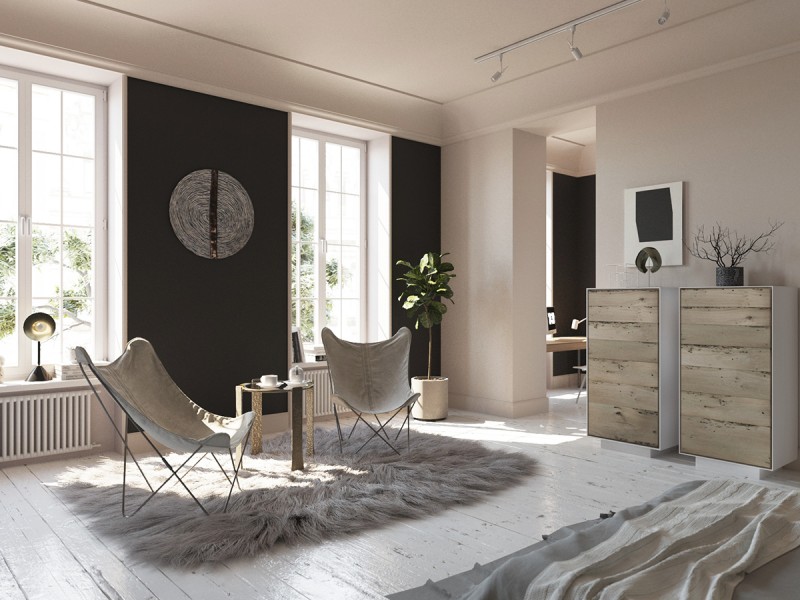 Интерьер просторной светлой квартиры с яркими акцентами