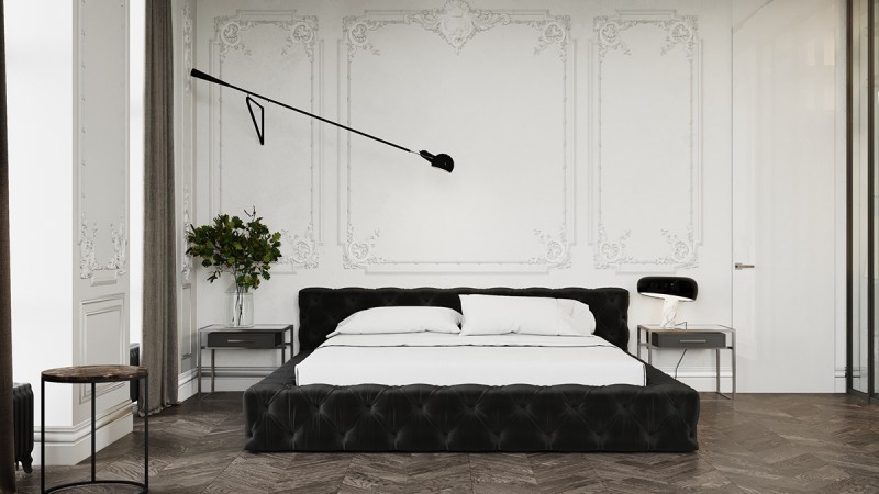 Контрастное сочетание лепнины на стенах с ультрасовременной мебелью и аксессуарами Контрастное сочетание лепнины на стенах с ультрасовременной мебелью и аксессуарами