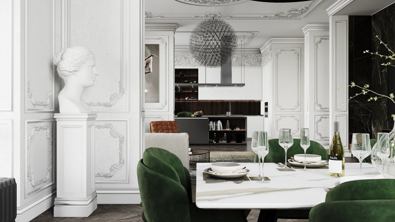 Контрастное сочетание лепнины на стенах с ультрасовременной мебелью и аксессуарами Контрастное сочетание лепнины на стенах с ультрасовременной мебелью и аксессуарами