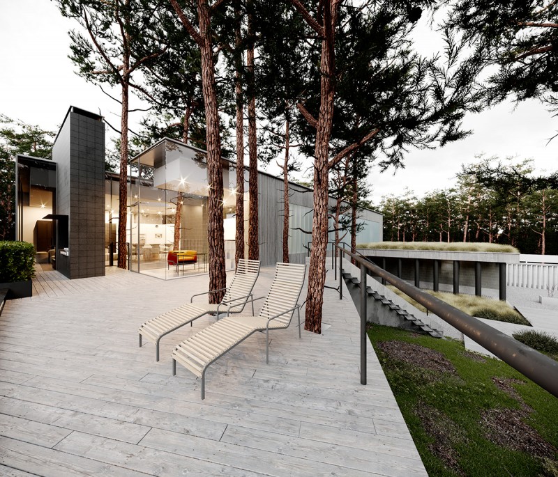 Строгий дизайн дома, расположенного на земле со сложным рельефом