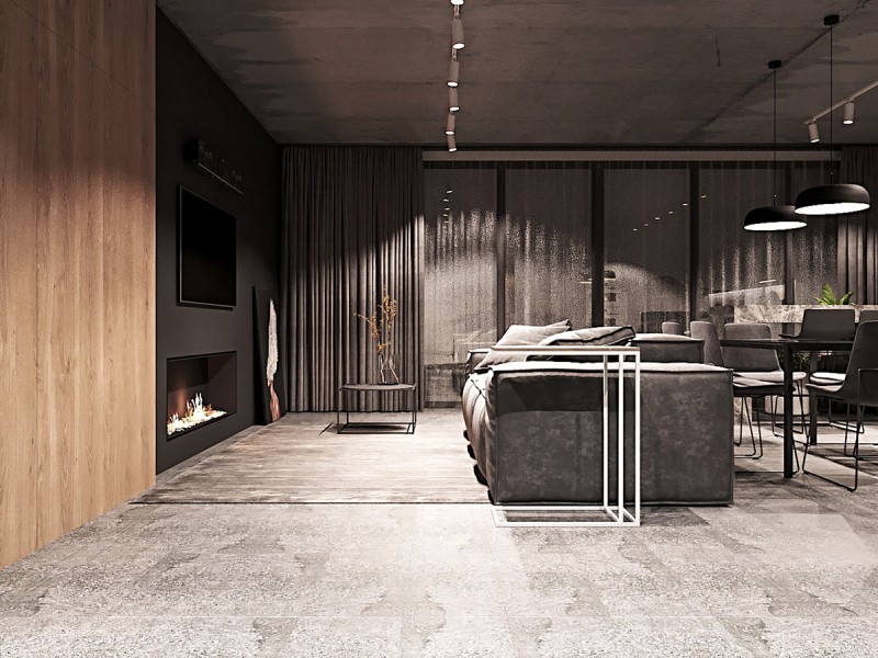 Кухня-студия в ахроматичных тонах