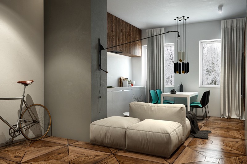 Сочетание разных фактур: декоративный бетон и дерево