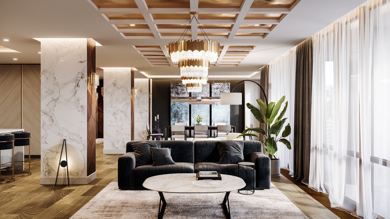 Мрамор, дерево, металл, текстиль - стильная и роскошная квартира в Детройте Мрамор, дерево, металл, текстиль - стильная и роскошная квартира в Детройте