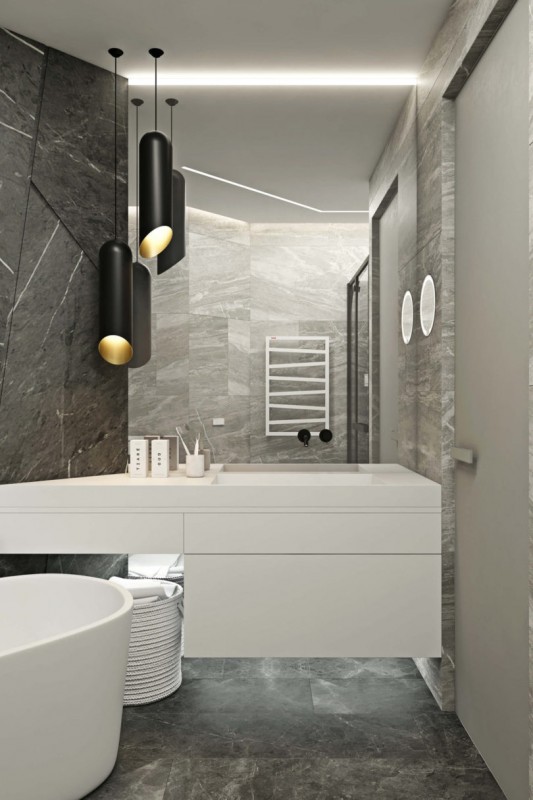 Использование черного, белого и цвета дерева в интерьере просторных минималистских апартаментов