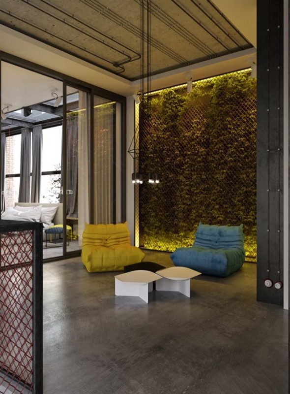 Желтые акценты в интерьере лофта