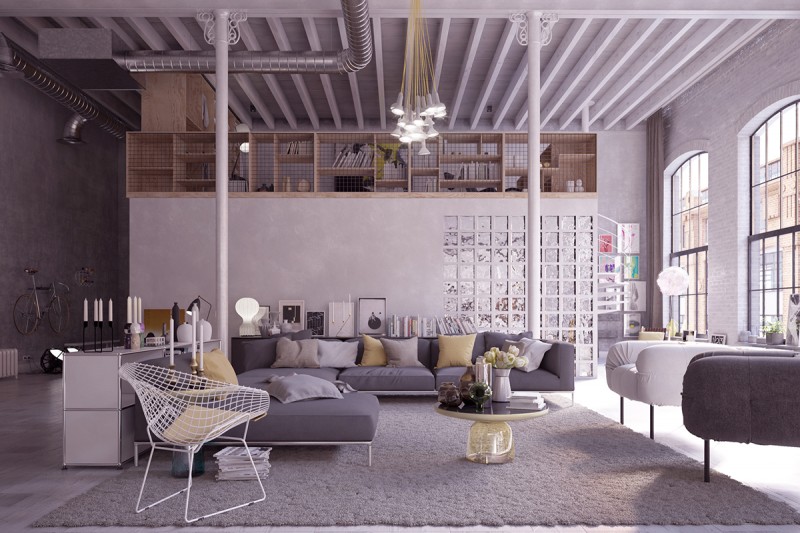 Серые и желтые акценты в интерьере лофта Серые и желтые акценты в интерьере лофта