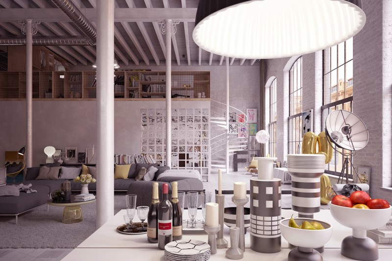 Серые и желтые акценты в интерьере лофта Серые и желтые акценты в интерьере лофта