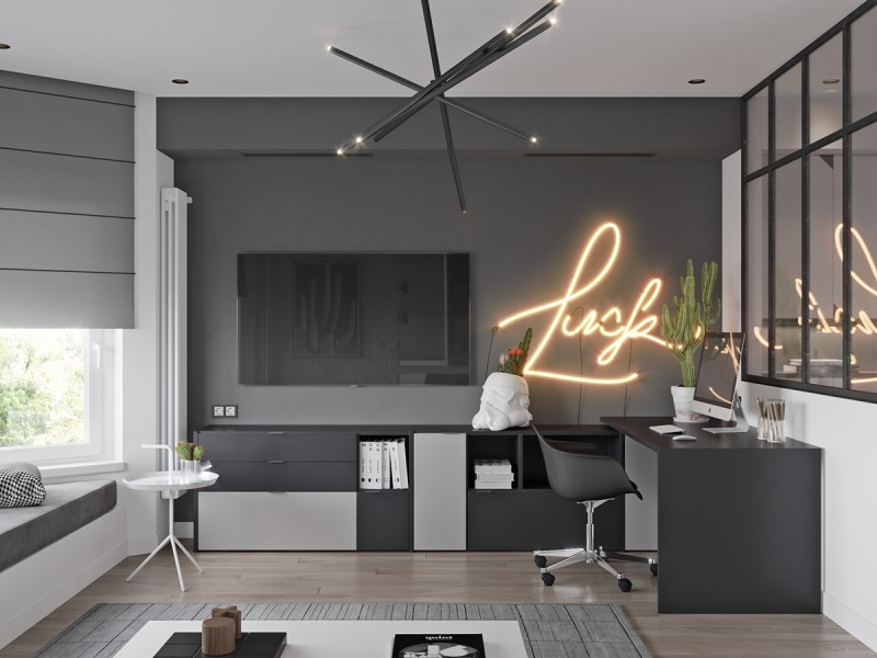 Квартира, оформленная в серых тонах с бордовыми акцентами