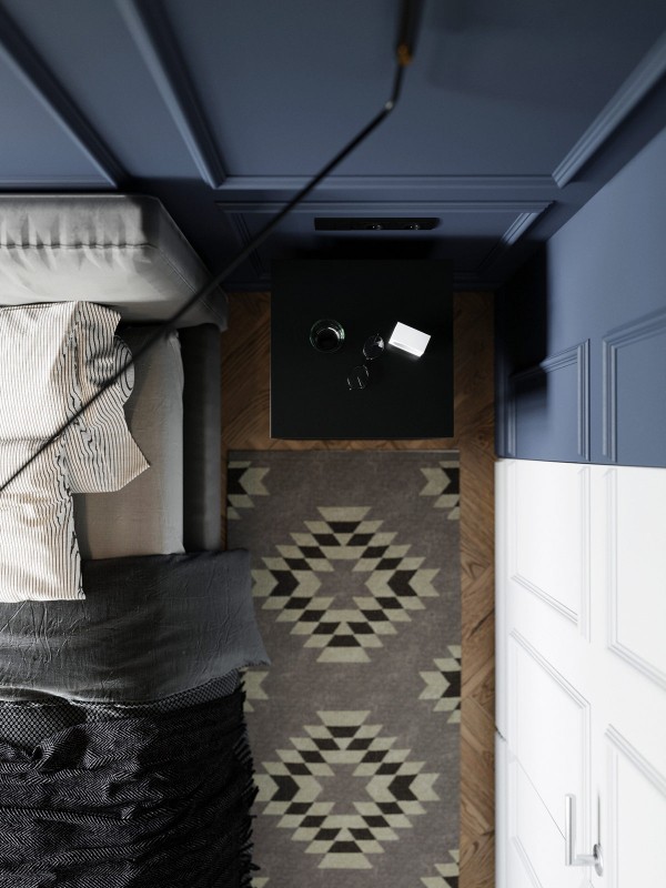 Акцент на зеленый и глубокий синий в интерьере квартиры, оформленной в спокойных серых тонах