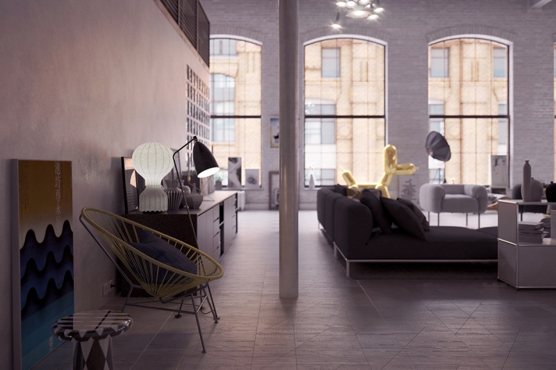 Серые и желтые акценты в интерьере лофта Серые и желтые акценты в интерьере лофта