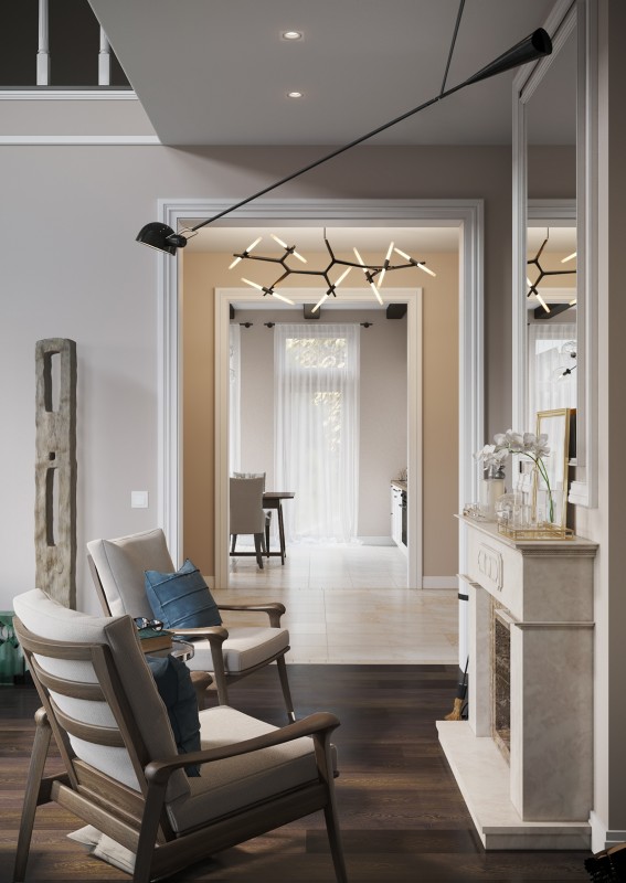 Современный интерьер коттеджа с элементами неоклассики в нейтральных светлых тонах Современный интерьер коттеджа с элементами неоклассики в нейтральных светлых тонах