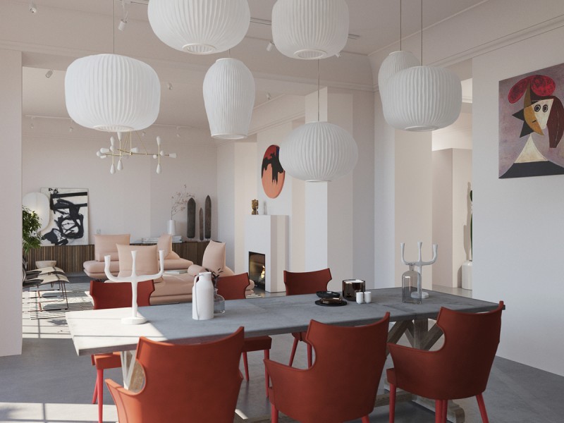 Интерьер просторной светлой квартиры с яркими акцентами