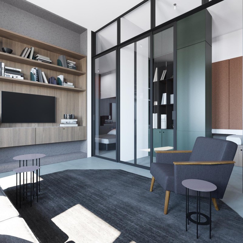 Апартаменты с открытой планировкой, оформленные в приглушенных тонах