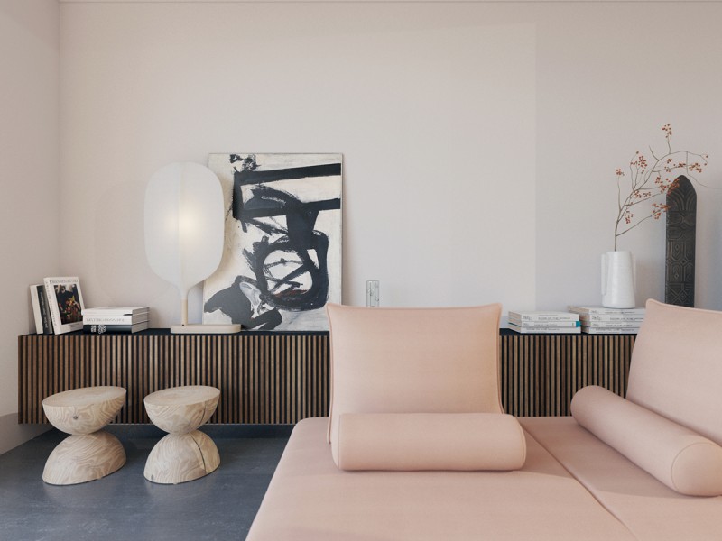 Интерьер просторной светлой квартиры с яркими акцентами