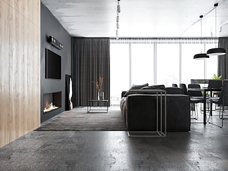 Кухня-студия в ахроматичных тонах